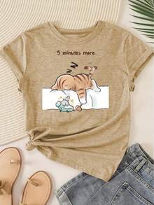 Camiseta de manga corta para mujer, serie "Cinco Minutos para Dormir", estilo casual de cuello redondo, estilo retro a la moda, estilo deportivo casual para primavera y otoño, disponible en - Gris Oscuro - Ver 6