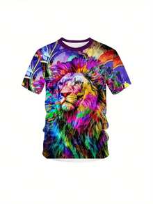 Men's Plus Size T-Shirt With 3D Lion Print And Tie-Dye Technique - Vibrant And Colorful Roaring Lion Graphic, Lightweight And Stretchy Knit Fabric, Breathable And Durable - 黑色 - 查看 2