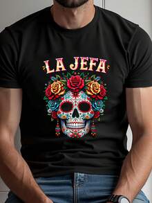 Unisex T-Shirt With Mexican Skull - Day Of The Dead Floral Print T-Shirt With Rose Decoration - Soft, Breathable And Lightweight T-Shirt For Halloween, Day Of The Dead - 黑色 - 查看 1