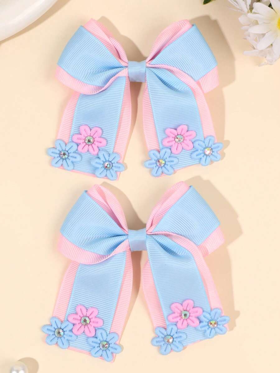 2pcs Back To School Blue & Pink Satin Bow Hair Clips, Crocodile Clips For Girls, Summer Casual Daily Hair Accessories - Multicolor - View 1