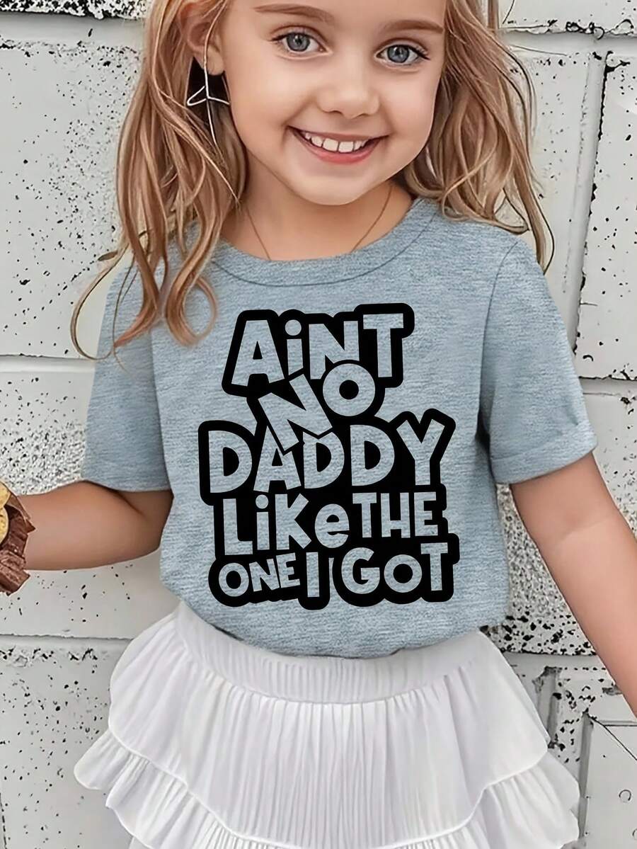 Girl's T-Shirt With The Print Of The Phrase "There's No Dad Like The One I Have", Modern, Novel, Comfortable And Versatile. - 灰色 - 查看 1