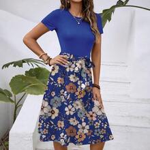 Vestido Midi Floral de Manga Corta y Cuello Redondo para Mujer, con Cintura Ajustable, Estilo Casual para Vacaciones de Verano - Azul - Ver 3