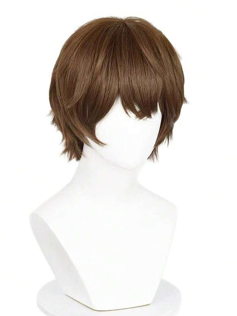 1PC Versatile Brown Short Hair 8inch Synthetic Fiber Daily Wear Unisex Holiday Party Cosplay Full Wig, Halloween