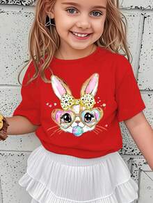 Girls' Short-Sleeved T-Shirt, Spring-Summer Style, With Easter Cartoon Print: Bow, Rabbit, Heart, Colorful Glasses And Bubbles, Versatile Casual Top NY-DX5438 - 紅色 - 查看 12