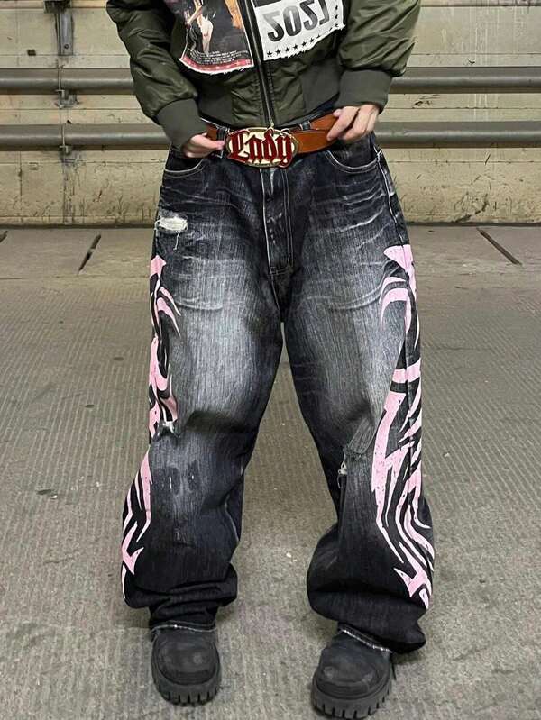 Jeans mujer estilo vintage americano, estampado gráfico, lavado especial, pierna ancha, look chica cool