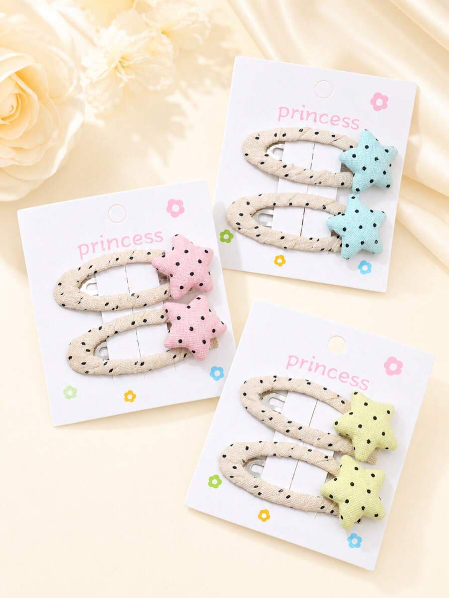 2pcs Girls Colorful Polka Dot Star Fabric Side Hair Clips, Suitable For Daily Matching - Multicolor - View 1