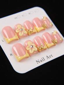 10pcs Short Square Cute Summer Press-On Nails, Nude Pink And Yellow French Manicure, 3D Flower And Butterfly Rhinestone Decor, Handmade Acrylic Fake Nails For Women And Girls Daily, Party, Date Wear And Gift - Yellow - View 4