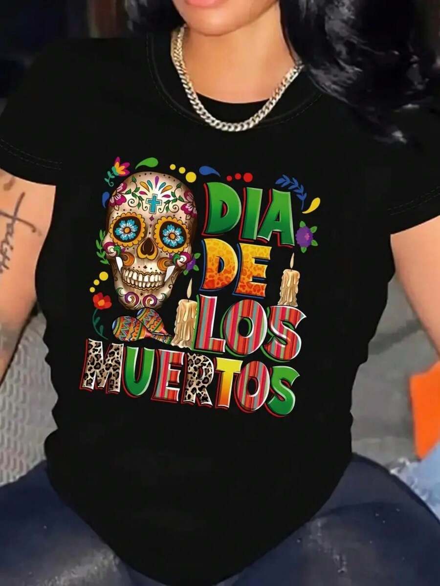 Camiseta de Mujer con Arte Folclórico Mexicano del Día de los Muertos | Camiseta Casual de Manga Corta con Cuello Redondo y Estampado de Calavera Mexicana y Letras Españolas - Negro - Ver 1