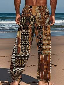 Men's African Totem Patchwork Print Wide Leg Pants, Drawstring Elastic Waist, Loose Lightweight Beach Vacation Casual Long Pants - Multicolor - View 3