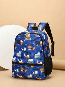 1pc Mini Cartoon Dinosaur Print Backpack, Random Pattern Position - Dark Blue Car - View 2