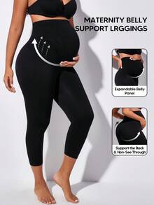 Maternity High Waist Abdominal Support Capris With Expandable Belly Panel Black Summer - Black - View 2