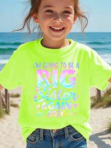 Girls' Short-Sleeved T-Shirt, Summer Fashion, With Laser-Engraved Letter Print "I Want To Be The Big Sister Again 2026", Versatile Casual Top NY-DX8994 - 卡其色 - 查看 8
