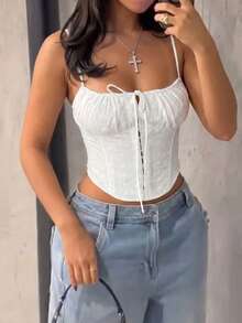 Buzzelle 女款夏季 Y2K 性感修身辣妹刺繡設計感吊帶短版上衣休閒白色 - 白色 - 查看 3