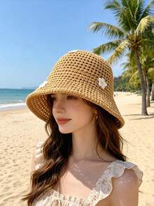 1件女款可折疊寬簷草帽，可愛花卉夏季海灘度假旅行水桶帽 - 彩色 - 查看 5