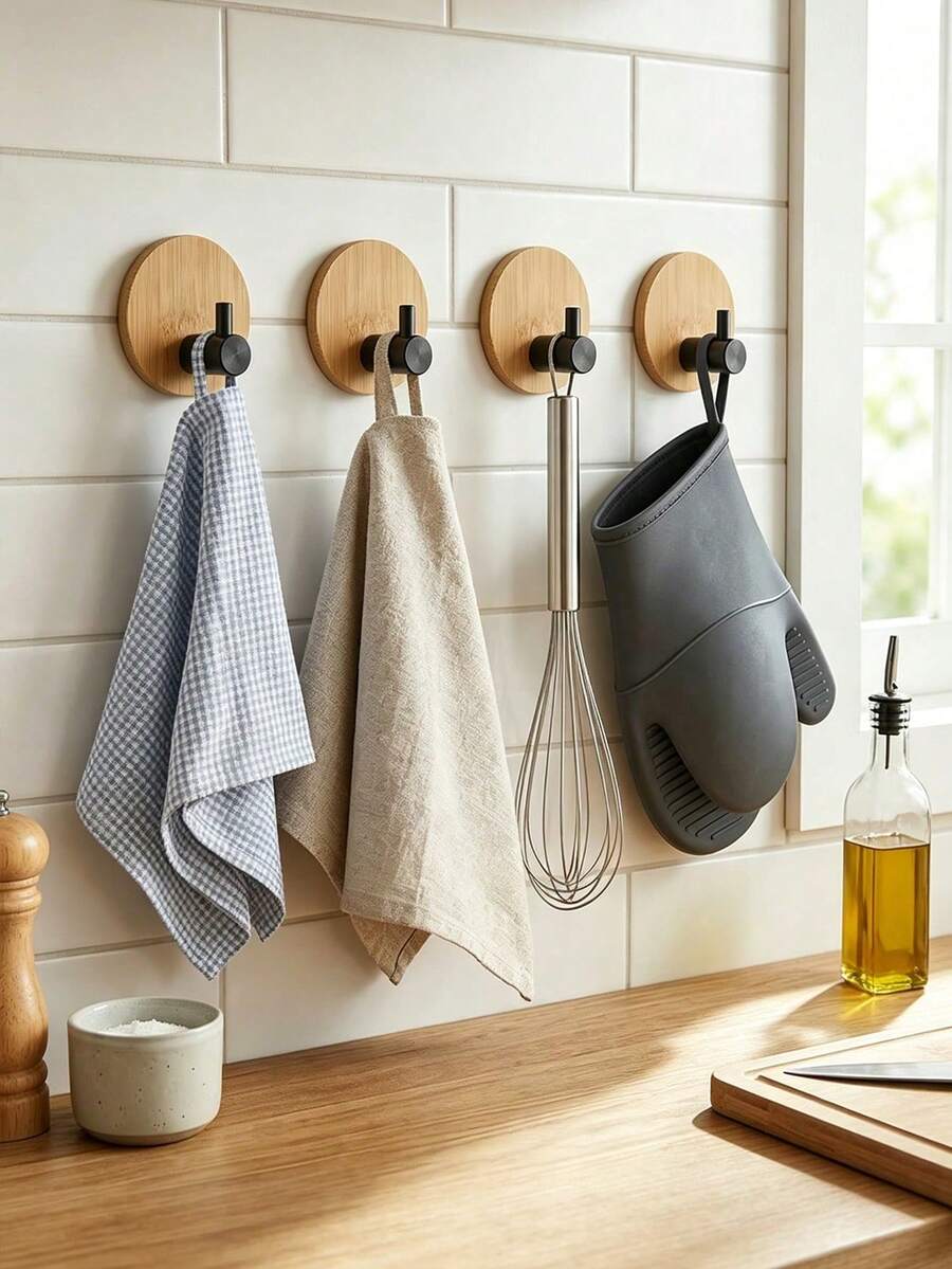 No-Drill Easy Round Bamboo Base Hook Strong Adhesive Wall Mount, Sturdy Storage Hook For Hat Bag Coat Accessory Organization, Practical Adhesive Hanger For Bedroom Kitchen Home Decor Wall - Multicolor - View 1