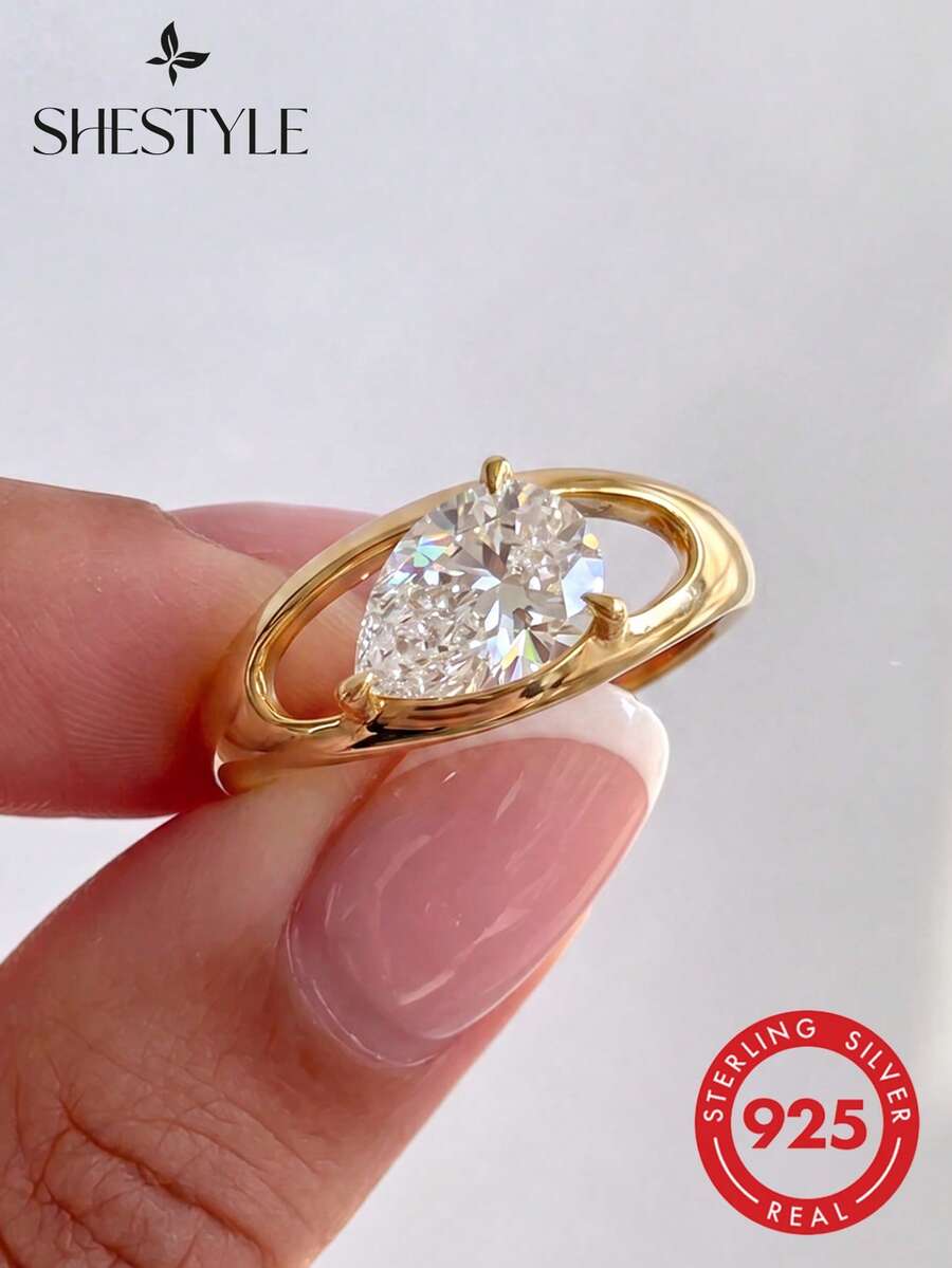 1 chiếc nhẫn bạc 925 Sterling Silver tinh tế, kiểu dáng cổ điển, hình giọt nước rỗng, đính đá Zirconia, hoàn hảo cho các buổi dạ hội, tiệc tùng và các dịp khác, một món quà trang sức tinh tế dành cho phụ nữ.