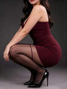 Women's Black Patterned Tights With Burgundy Thigh Band And Seam Details, Suitable For Elegant Dress Matching - Black - View 2