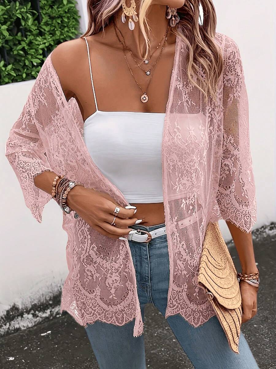 Plus Size Long Cardigan For Women With Lace Front Placket. - Pink - View 1