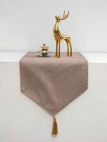 Camino de mesa minimalista de color gris puro con textura y ribete de borlas, tela decorativa de estilo moderno neutro para mesa de comedor, apta para todas las estaciones, adecuada para mesa de comedor, mesa de café, consola de entrada, tocador y vestíbulo - Caqui - Ver 9