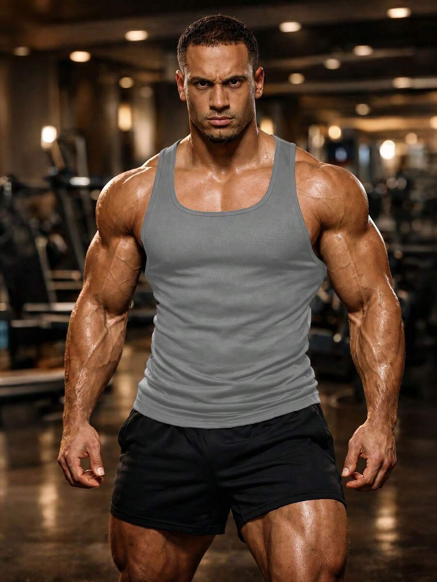 Men's Tight Fit Sleeveless Fitness Top, Bodybuilding Tank Top Sports - Grey - View 1