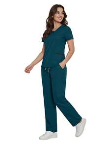 Women's Beauty Salon Spa Esthetician Doctor Nurse Hospital Care Dental Scrub Uniform 2-Piece Set Fall - Teal Blue - View 4