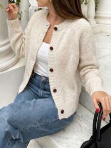 French Minimalist Solid Color Single-Breasted Knit Cardigan, New Beige Soft Slouchy Round Neck Long Sleeve Casual Autumn Sweater, Simple Versatile Knit Top - Apricot - View 1