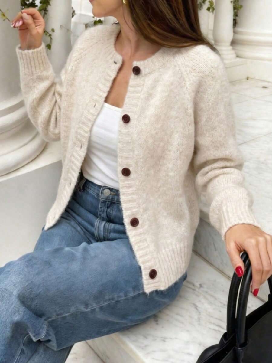 French Minimalist Solid Color Single-Breasted Knit Cardigan, New Beige Soft Slouchy Round Neck Long Sleeve Casual Autumn Sweater, Simple Versatile Knit Top - Apricot - View 1