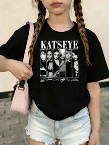 KATSEYE Printed Summer T-Shirts, Vintage Y2K Hip Hop Style, Short Sleeve T-Shirt, Summer Clothes For Girls, Toddler Girls' Clothes, Teen Clothes, Kids' Clothes - 淺粉色 - 查看 1
