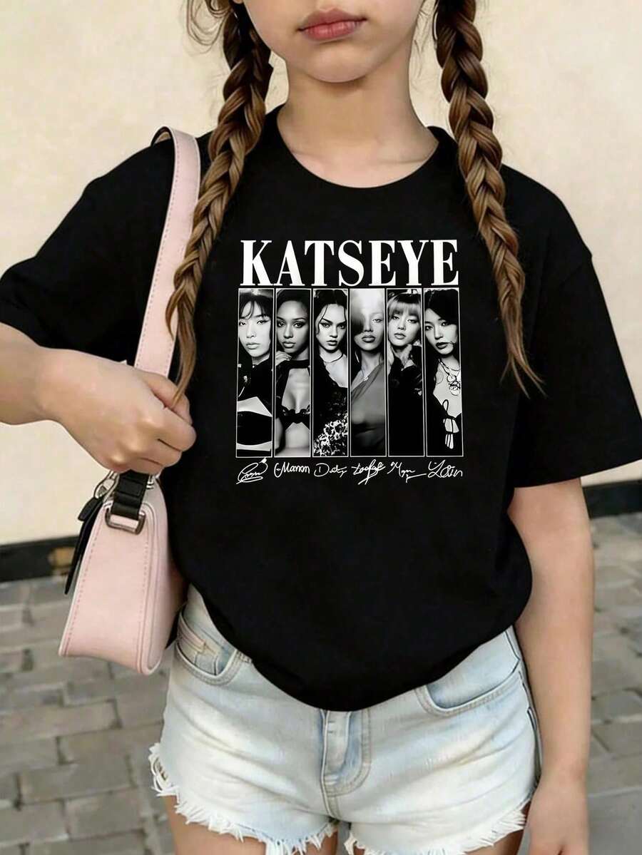 KATSEYE Printed Summer T-Shirts, Vintage Y2K Hip Hop Style, Short Sleeve T-Shirt, Summer Clothes For Girls, Toddler Girls' Clothes, Teen Clothes, Kids' Clothes - 淺粉色 - 查看 1