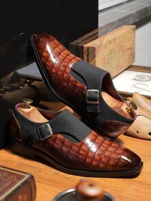 Men's Crocodile Embossed Monk Strap Dress Shoes, British Style Square Toe Formal Leather Shoes For Business & Wedding - Brown - View 4