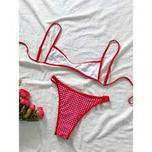Bikini Triangular Dos Piezas Cuadros Rojo Blanco, Tirantes Finos Regulables con Contraste Rojo, Braguita Corte Alto para Playa y Piscina - Cuadros blancos y negros - Ver 2