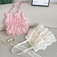 3-Color Tulle Cake Tote Bag, Multi-Layer Ruched Artistic Girl Travel Carry-On Shoulder Bag, Highly Attractive Tulle Girls Bag - Multicolor - View 5