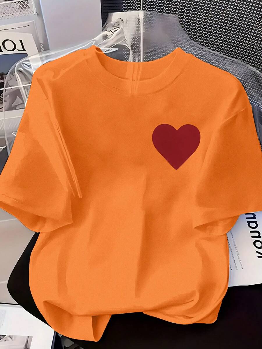Short-Sleeved T-Shirt With Round Neck And Red Heart Print 9TDB - Orange - View 1