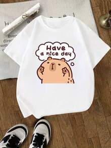 [Guan Yi Shu Selection]Capybara And Pufferfish Print T-Shirt|Short Sleeve Sports T-Shirt For Boys And Girls Ages 4-13 | Casual Printed T-Shirt For Kids - 白色 - 查看 1