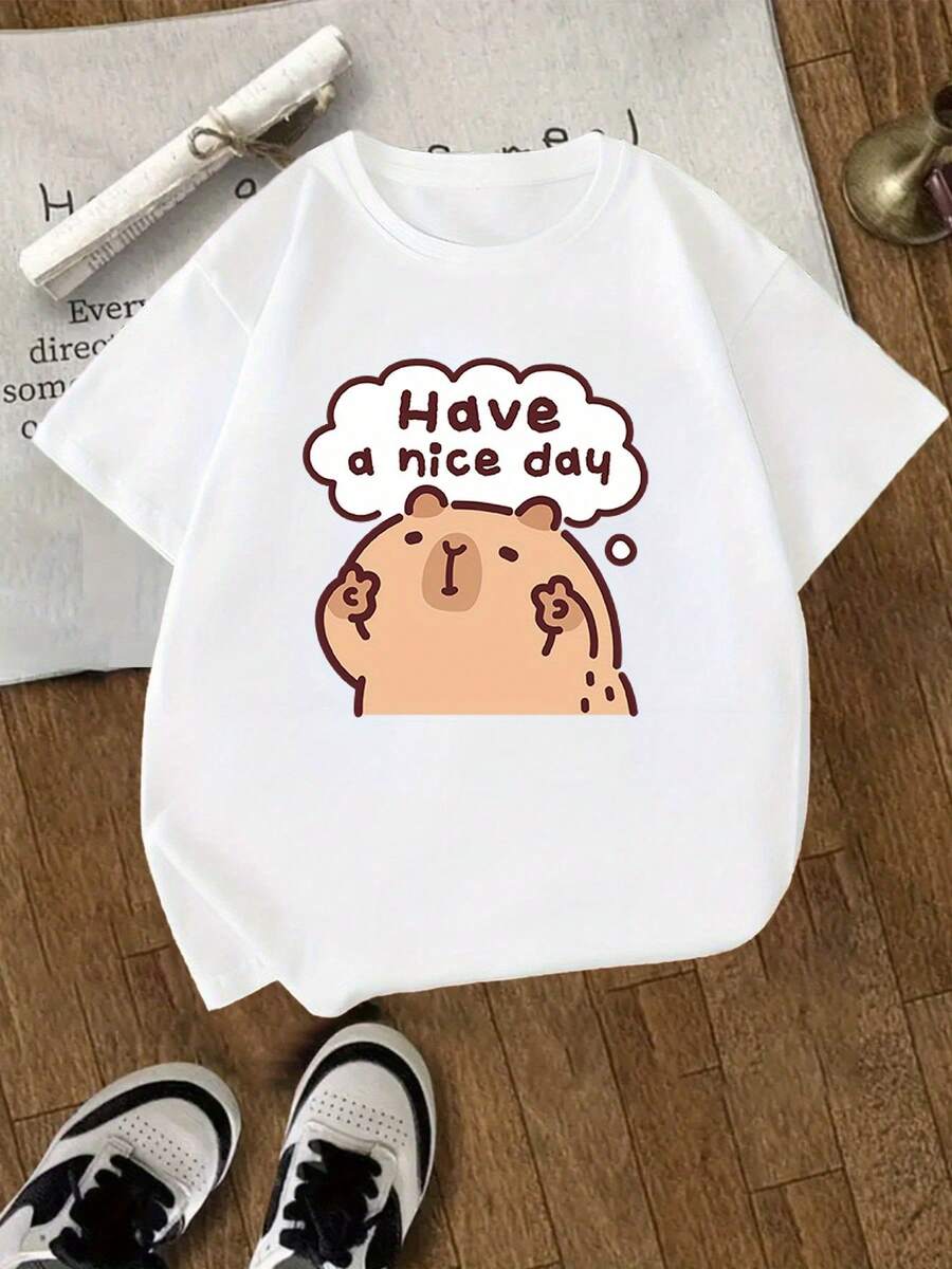 [Guan Yi Shu Selection]Capybara And Pufferfish Print T-Shirt|Short Sleeve Sports T-Shirt For Boys And Girls Ages 4-13 | Casual Printed T-Shirt For Kids - 白色 - 查看 1