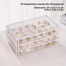 Premium 3-Layer 72-Slot Transparent Acrylic Jewelry Storage Box, Dust-Proof Stackable Jewelry Drawer, Suitable For Earrings, Rings, Necklaces, Fashionable Desktop Vanity Jewelry Display Box, Perfect Gift For Women Birthday, Valentine's Day, Home Bedroom Vanity Decor - Transparent - View 13