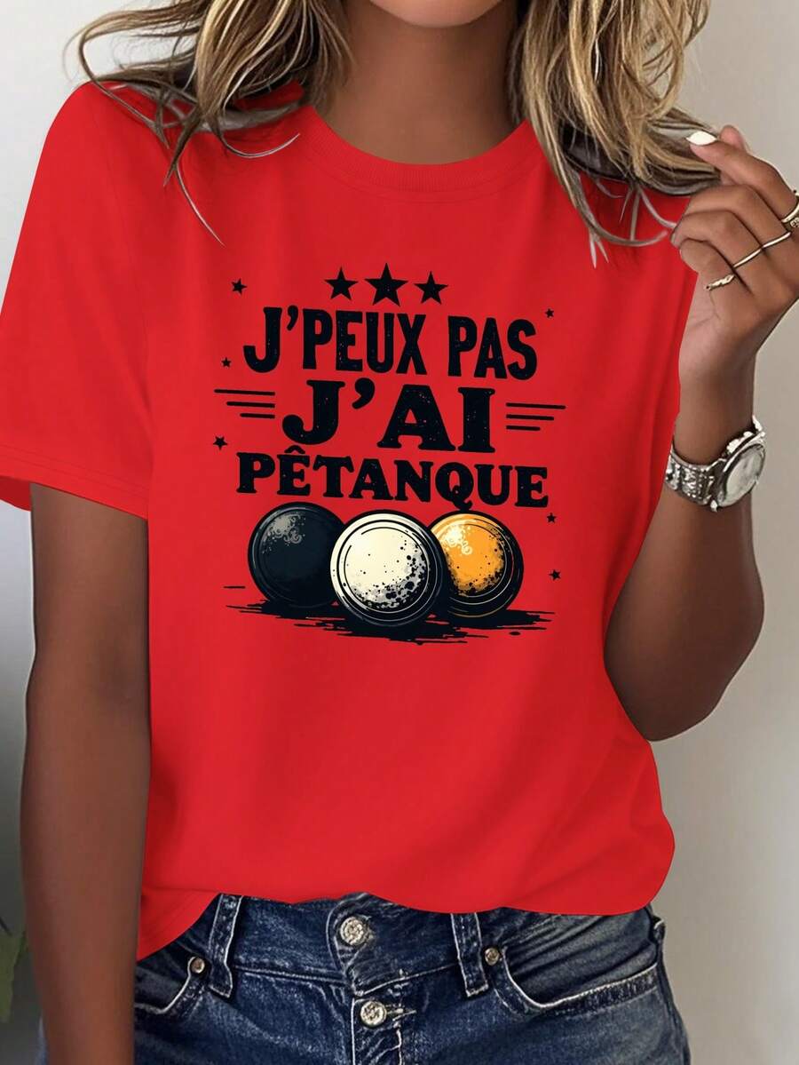 NEWP Women's Comfortable Pure Cotton T-Shirt With Funny French Proverbs And Petanque Ball Print - Vintage Street Style, Unisex, Cotton, Short Sleeve, Crew Neck - 紅色 - 查看 1