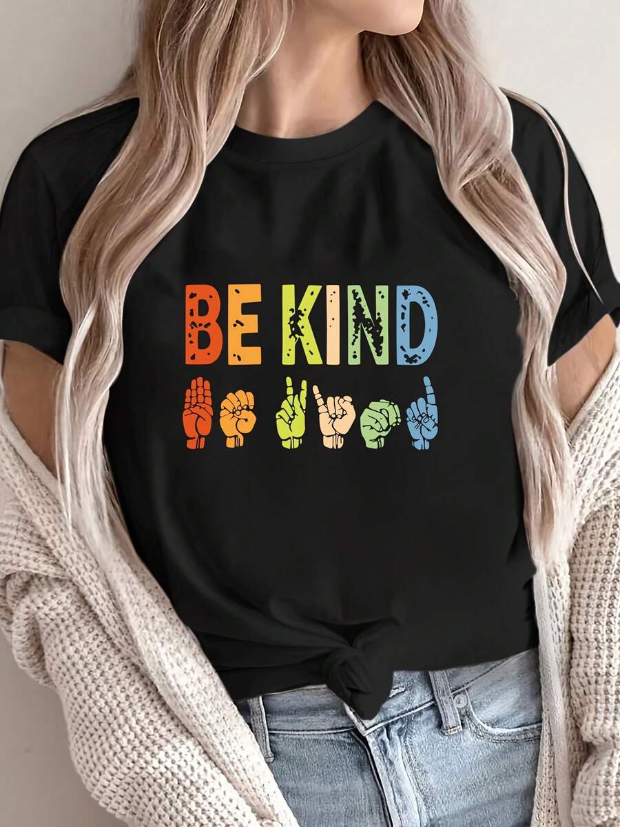 Colorful "Be Kind" Print, 100% Polyester Knit Fabric, All-Season Short-Sleeved T-Shirt, Casual Wear. | Fashionable Casual Top | Stretchy Material, RTNC Women's T-Shirt - 黑色 - 查看 1