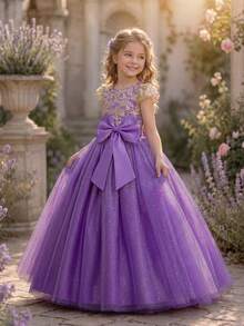 Girls Princess Flower Girl Dress Embroidered Tulle Bow Decor Puffy Ball Gown Prom Birthday Party Piano Recital Wedding Formal Pageant Wear - 紫丁香色 - 查看 3