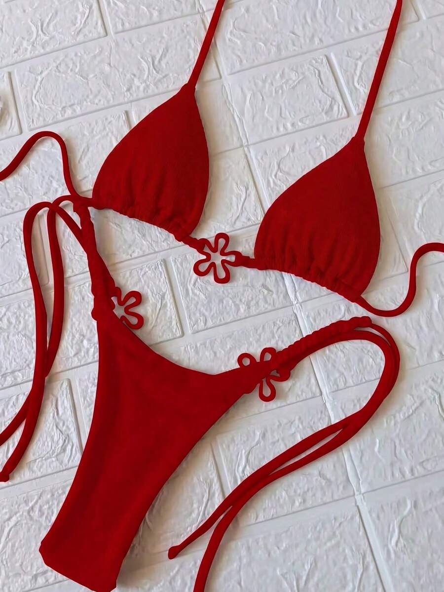 春夏新品:歐美風性感純色粉紅色女款比基尼,適合海灘度假、派對與約會紅色 - 紅色 - 查看 1