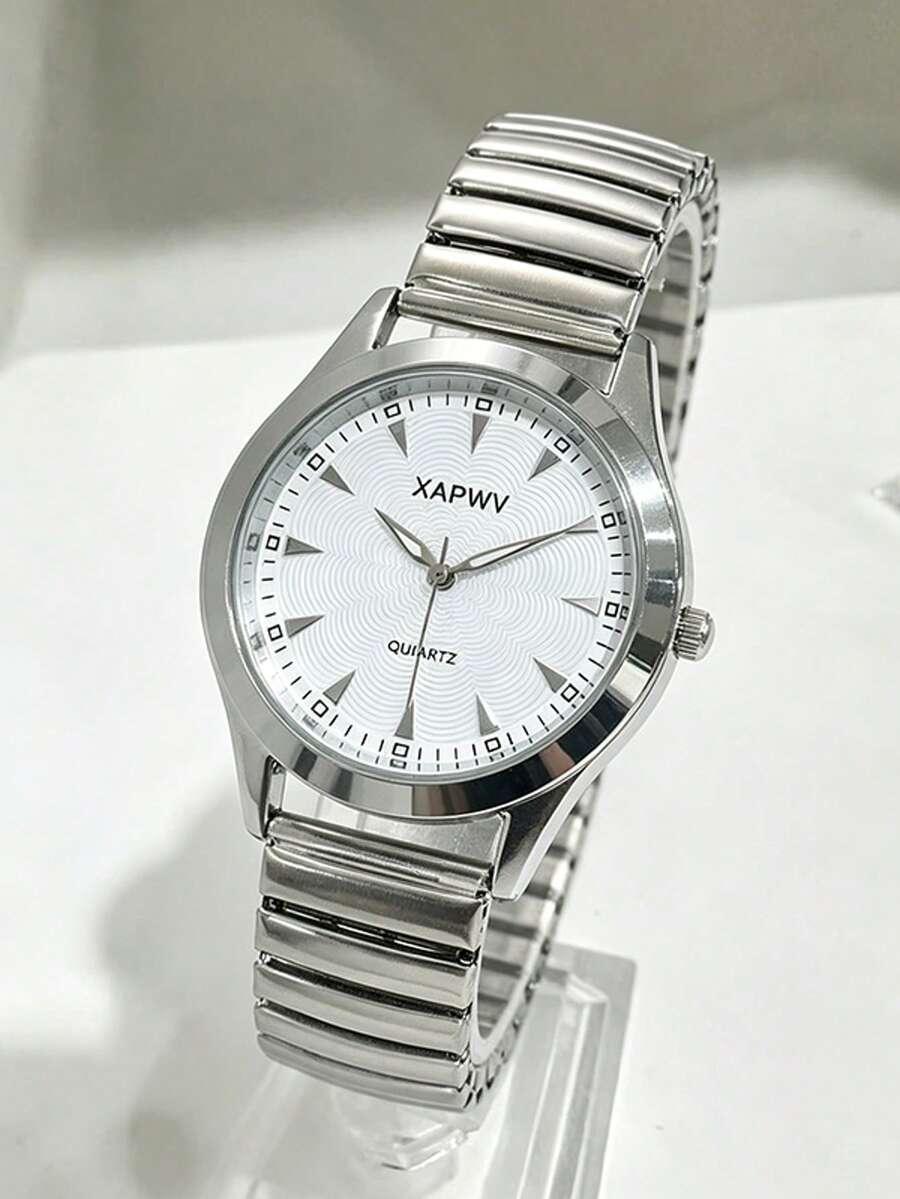 XAPWV 1件大錶盤數位面女款手錶 彈性錶帶石英錶 時尚休閒百搭女錶 - 銀色 - 查看 1