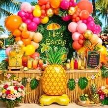 1 pieza Globo de papel de aluminio con forma de piña con base, 154 cm de altura, globo inflable reforzado a prueba de explosiones, estilo de vacaciones tropicales frescas con fondo naranja-amarillo y textura de cuadrícula realista y diseño de corona de hojas verde esmeralda, forma 3D de pie para colocación directa, globo de decoración de escena, adecuado para fiesta con tema de playa, fiesta de verano al aire libre, decoración de ambiente de banquete estilo isla - A - Ver 6