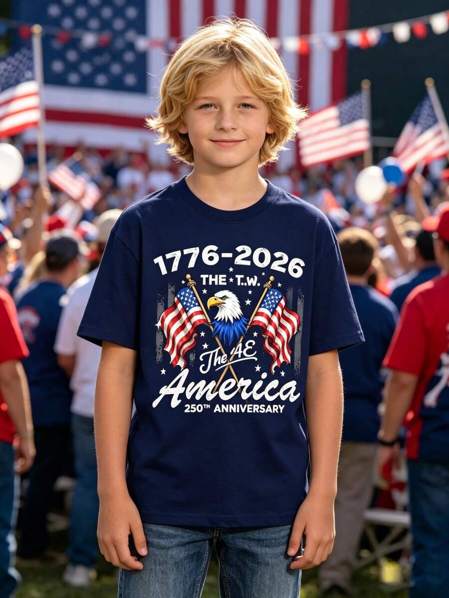 Boys' T-Shirt With American Flag And Bald Eagle For The 250th Anniversary (1776-2026) – 250th Anniversary Of Independence, Loose-Fitting Eagle Print T-Shirt, Gift Idea - 白色 - 查看 1