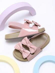 1 Pair New Summer Girls' Pink Double Bow Sandals, Princess Style Elastic Slip-On Kids Sandals, Cute & Fashionable Versatile Vacation Sandals, Suitable For Beach, Seaside, Shopping - Pink - View 4