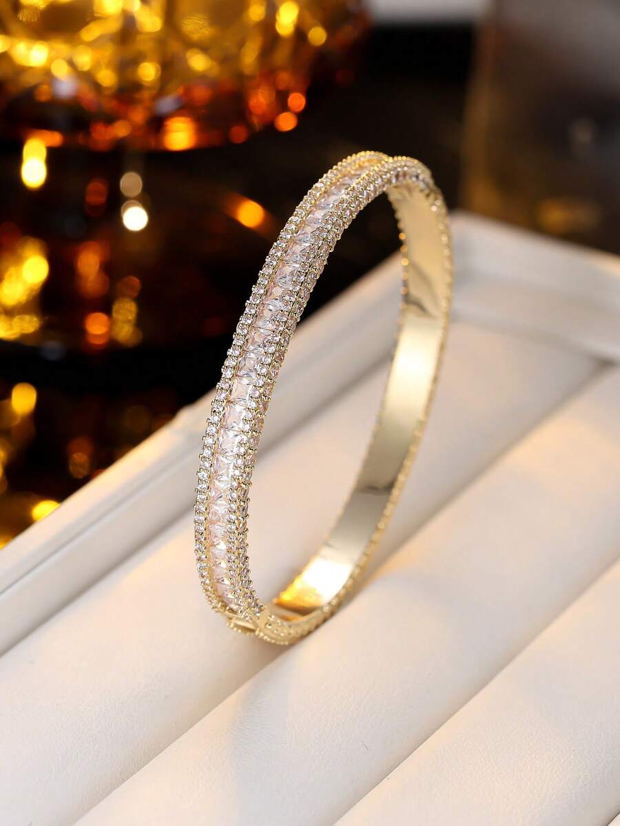 1 pieza Brazalete de mujer de moda de lujo con múltiples filas de circonita, accesorio minimalista elegante y abrible para uso diario - pulsera - Ver 1