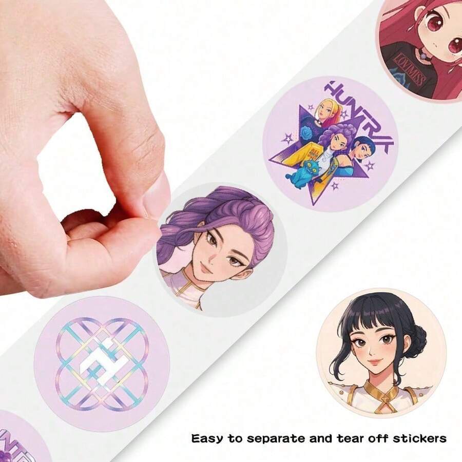 Hasbro 500張防水 Huntrix 動漫圓形封口貼紙,混色 Q 版角色自黏貼紙膠帶,易撕裝飾貼紙,適用於信封封口與日常容器裝飾 - 多色 - 查看 1