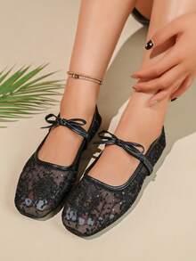 Black Square Toe Flat Mary Jane Shoes With Lace Mesh, Slip-On Elastic Band Fashion Loafers, Women's Spring/Autumn New Low Vamp Casual Shoes, Elegant Commuter Office Minimalist Style - Black - View 2