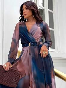 Women's Long Sleeve Jumpsuit, Semi-Transparent, Lined, Lightweight, V-Neck, Comfortable, Fresh, Casual, Elegant, Sizes M And L, Printed And Solid - 霧霾藍 - 查看 4