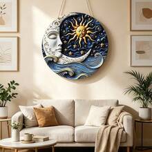 Hexenstil Sternenhimmel Boho runder Holz Wandbehang Dekoration, handbemalte 3D geprägte goldene Sonnenfigur, schlafender Sichelmond, Sterne und blaue Wellen geschnitzte Plakette, geeignet für Astrologie-Enthusiasten spirituelle Heimdekoration, Schlafzimmer Lounge Wanddekoration - Verschiedenfarbig - Übersicht 4