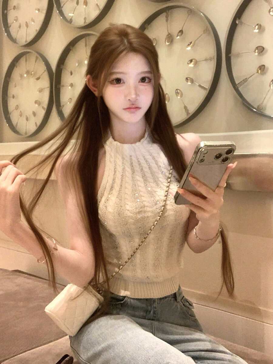 Sexy Rhinestone Decor Sleeveless Knit Crop Top, Design Details, Slim Fit, Summer White - White - View 1